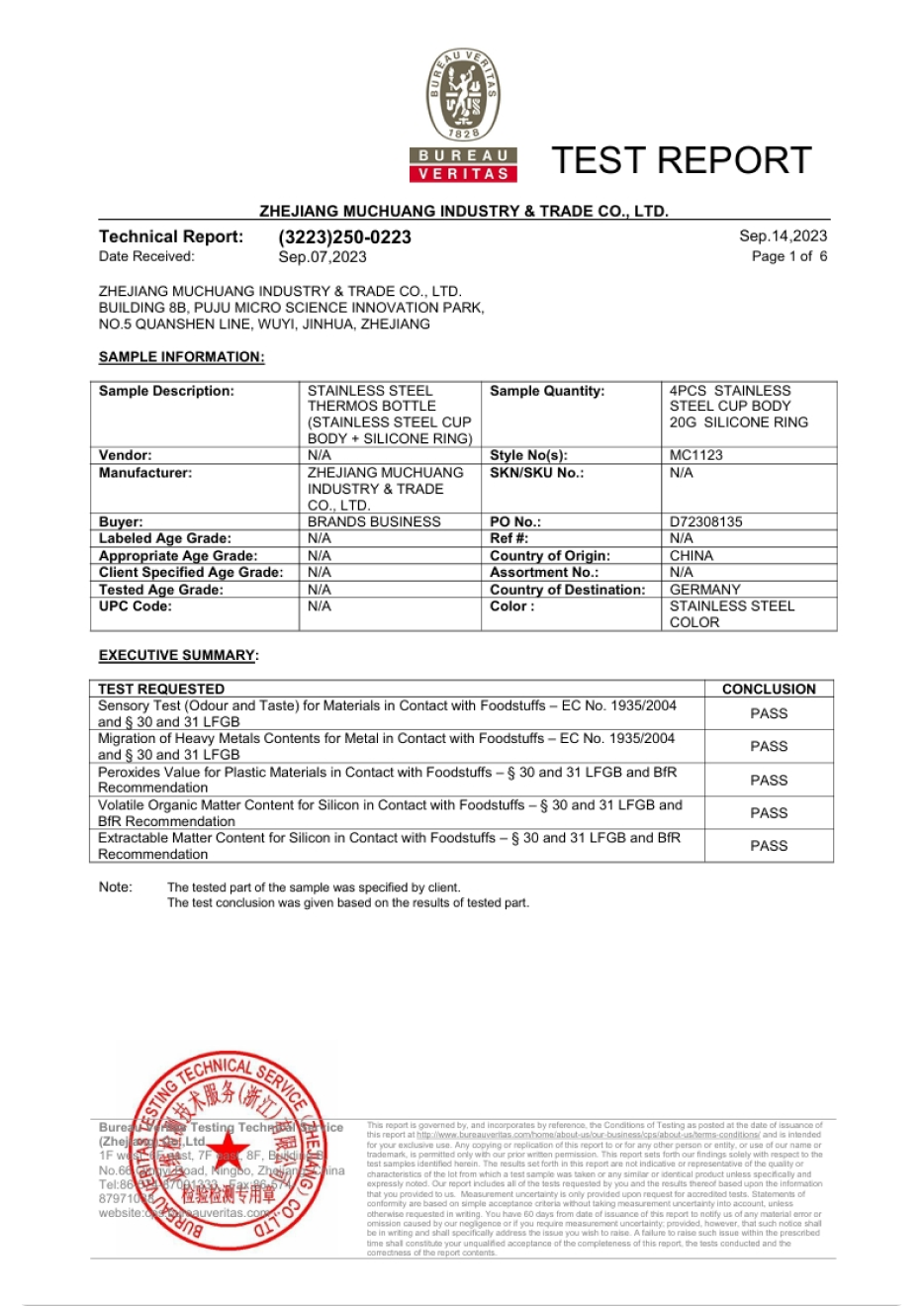 Test report for stainless steel thermos bottle
