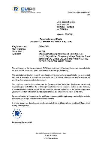 EUIPO registration certificate for ZRICO
