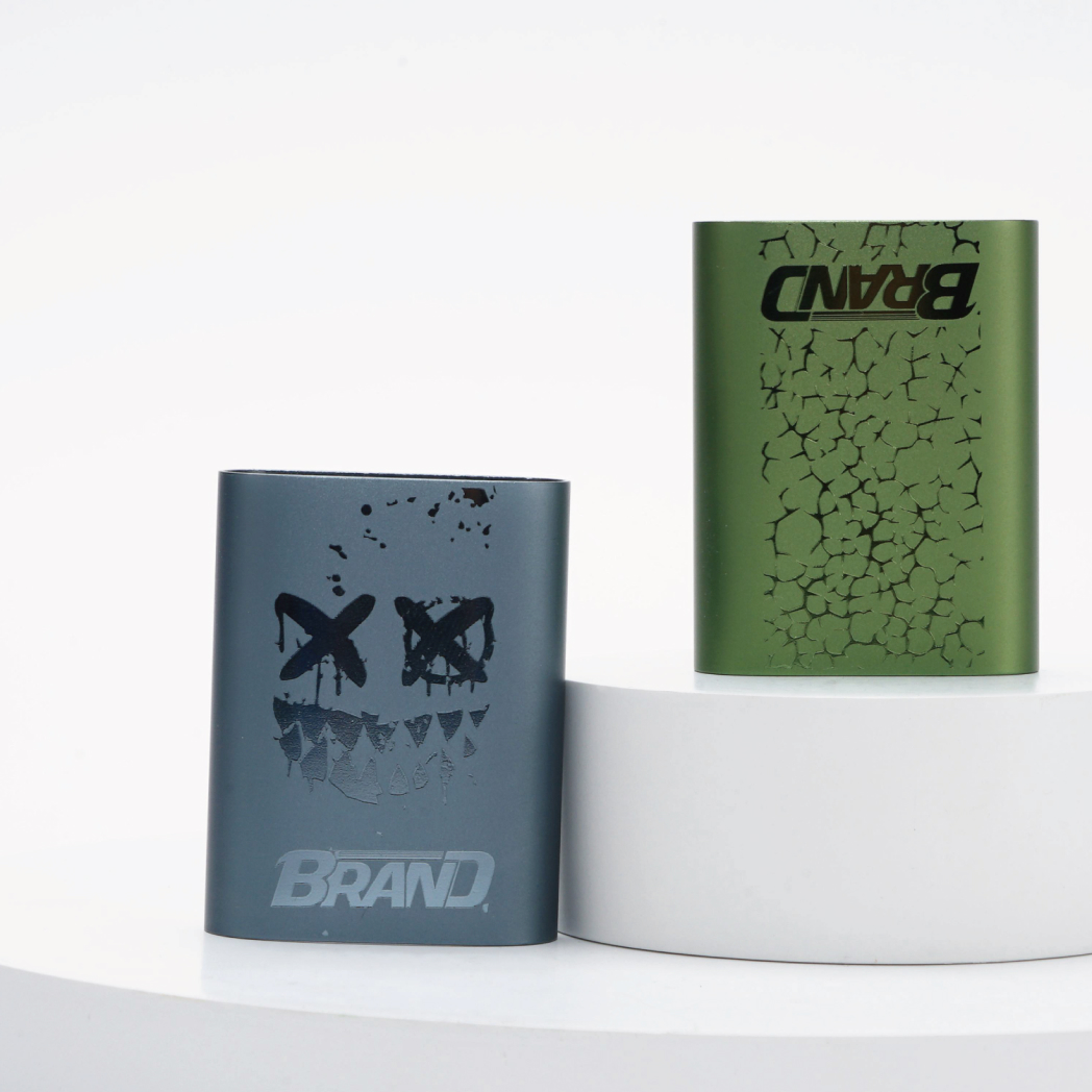 Two cylindrical objects with brand logos and patterns