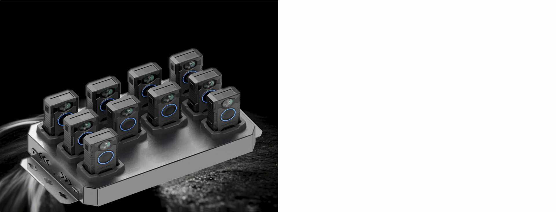 Several cameras placed on a metallic base