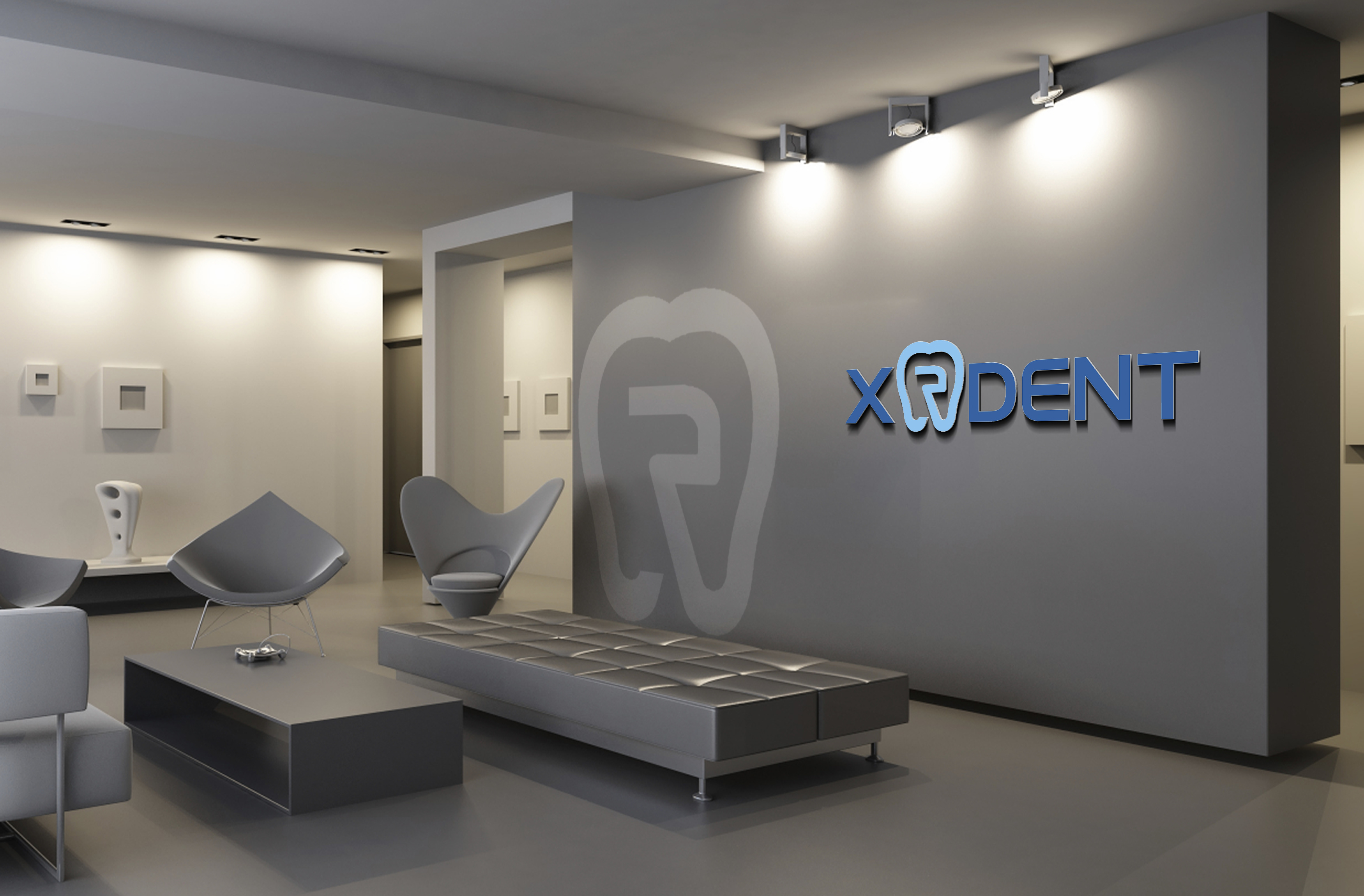Modern dental clinic waiting area with XRDENT logo
