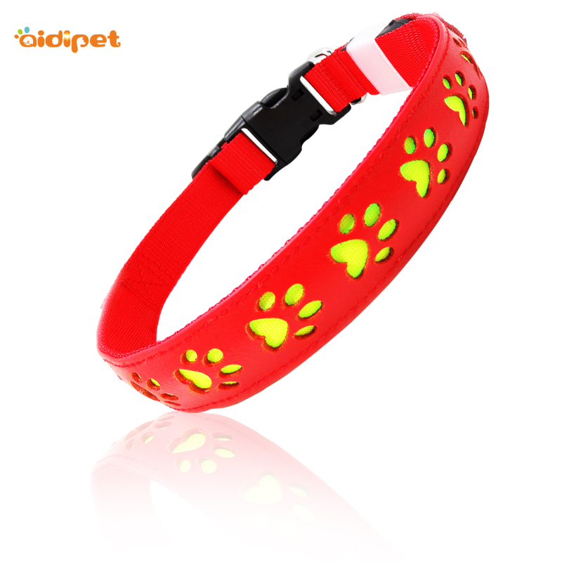 AIDI Flashing C20 PU Leather Pet Dog Collars Hollow Paw Printing Pattern Charging Led Dog Collar