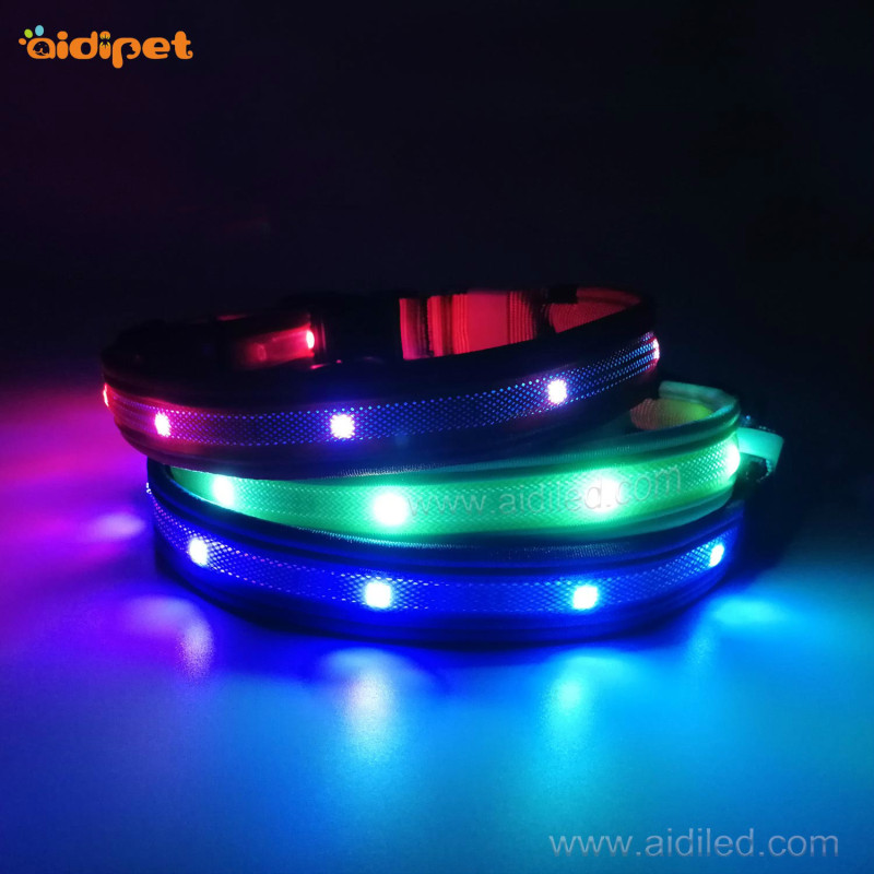 Luminous RGB Nylon Dog Collar Seven Color Dog Flashing Collar Customize Logo Led Dog Collars