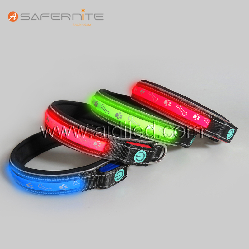 Dog Bone and Paw Printing Fashion Led Collar Dog Spandex Light up Custom Dog Collar for Night Walking Safety
