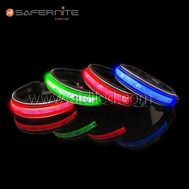 Dog Bone Paw Printing Flashing Nylon Led Dog Cat Wholesale Pet Collar for Big Dog Nylon Led Collar
