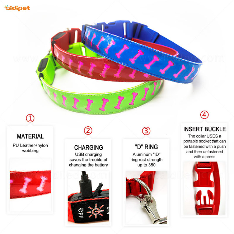 Eco Friendly Led Dog Collar Light up Dog Collar Leather Wholesale New Style Hot Sale Adjustable PU Dog Collar Led Light