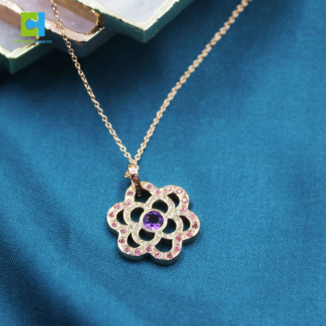 C&H Customized Design Crystal Zircon Louts Flower Pendant Necklace Silver Plated Hollow Flower Necklace