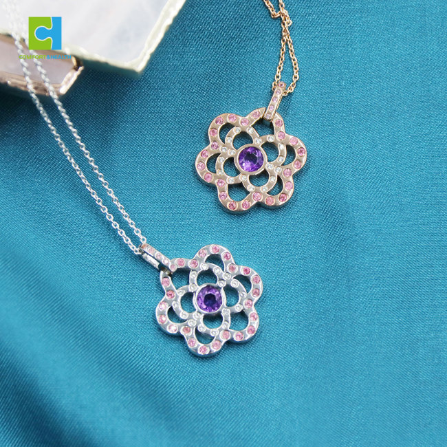 C&H Customized Design Crystal Zircon Louts Flower Pendant Necklace Silver Plated Hollow Flower Necklace