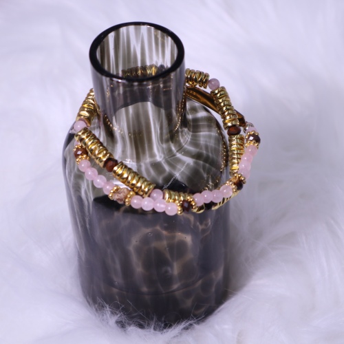 C&H Trendy Natural Amethyst Pink Quartz Golden Hematite Beaded Charm DIY Pyramid Style Letterpress Printed Bracelet Set