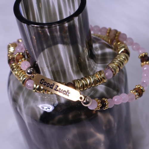 C&H Trendy Natural Amethyst Pink Quartz Golden Hematite Beaded Charm DIY Pyramid Style Letterpress Printed Bracelet Set