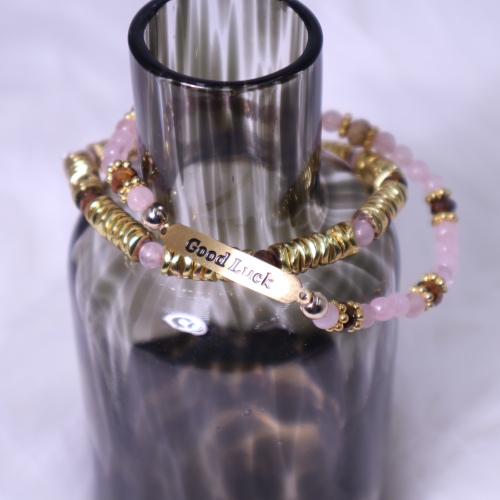 C&H Trendy Natural Amethyst Pink Quartz Golden Hematite Beaded Charm DIY Pyramid Style Letterpress Printed Bracelet Set