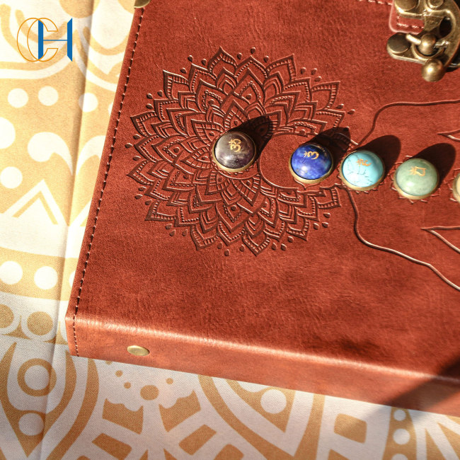 C&H Customized Logo 7 Chakra Leather Journal B5-Handcrafted Notebook Genuine Gemstone Mandala Embossed Symbol Spiritual Notebook