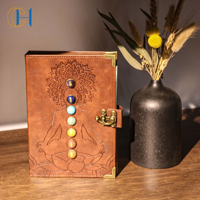 C&H Customized Logo 7 Chakra Leather Journal B5-Handcrafted Notebook Genuine Gemstone Mandala Embossed Symbol Spiritual Notebook