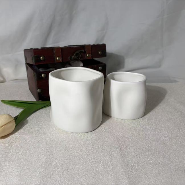 C&H New Design Homeware Empty Vase Cement Candle Holder Ceramic Pot De Bougie Jar White Irregular Candle Container