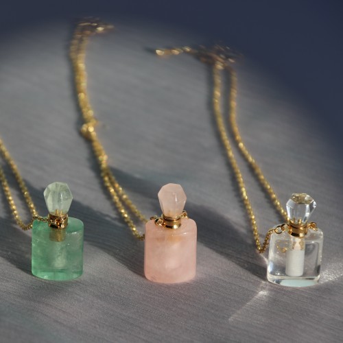 C&H Tarnish Free Natural Stone Perfume Heart Pendant Necklace Pink Crystal Bottle Shape Necklace