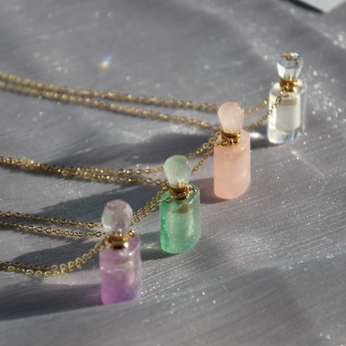 C&H Tarnish Free Natural Stone Perfume Heart Pendant Necklace Pink Crystal Bottle Shape Necklace