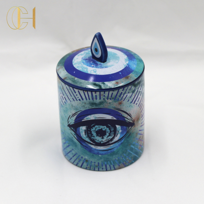 CHHC Customized Logo Printing Ceramic Candle Jar With Lid Evil Eye Mark Shape Ceramic Candle