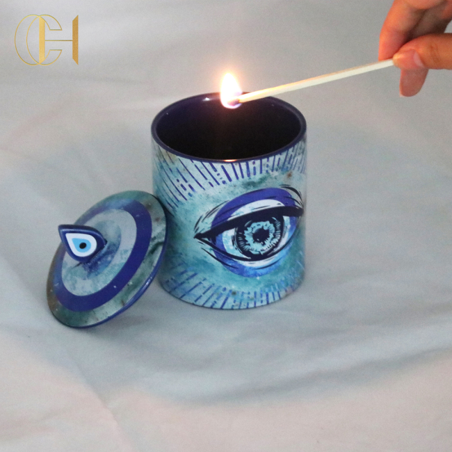 CHHC Customized Logo Printing Ceramic Candle Jar With Lid Evil Eye Mark Shape Ceramic Candle