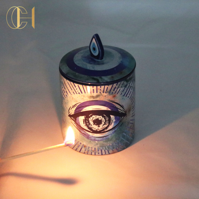 CHHC Customized Logo Printing Ceramic Candle Jar With Lid Evil Eye Mark Shape Ceramic Candle
