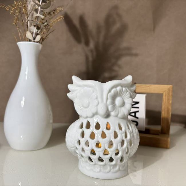C&H Custom Design White Owl Shaped Ceramic Aromatherapy Candle Holder for Home Living Room Decor