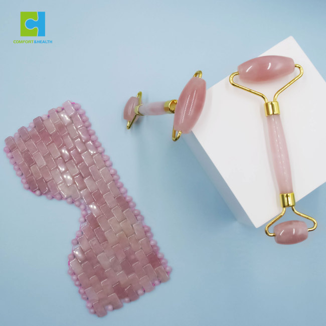 C&H Natural Jade Rose Quartz Facial Massager and Gua Sha Roller Eye Mask Set Premium Rose Quartz Eye Mask Set