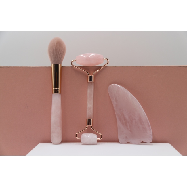 C&H Customized Rose Quartz Jade Roller Gua Sha Set Amethyst Pink Jade Heart Shaped Gua Sha Stone Face Roller Crystal Guasha Set