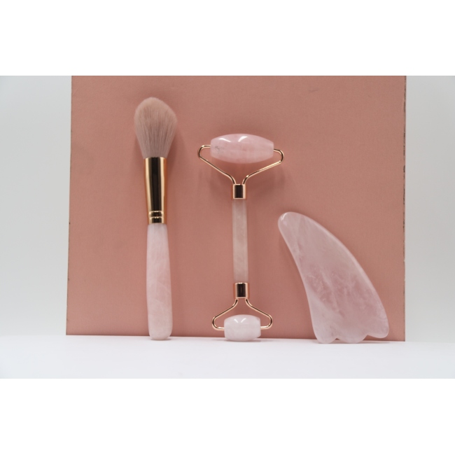 C&H Customized Rose Quartz Jade Roller Gua Sha Set Amethyst Pink Jade Heart Shaped Gua Sha Stone Face Roller Crystal Guasha Set