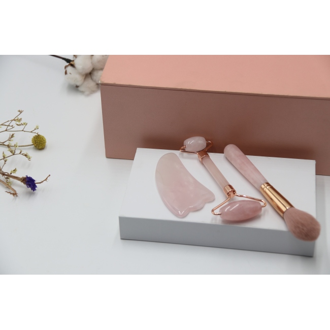 C&H Customized Rose Quartz Jade Roller Gua Sha Set Amethyst Pink Jade Heart Shaped Gua Sha Stone Face Roller Crystal Guasha Set