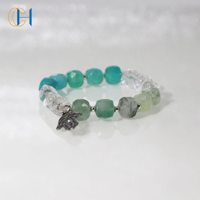 C&H Handmade Green Limestone Beaded Fatima Hand Bracelet Crystal Copper Beads Star Charm Bracelet