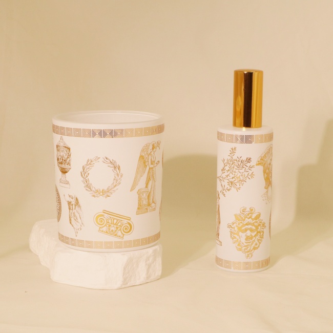 C&H Luxury White Glass Diffuser Set Gold Roman Pattern White Glass Scented Candle Home Scenting