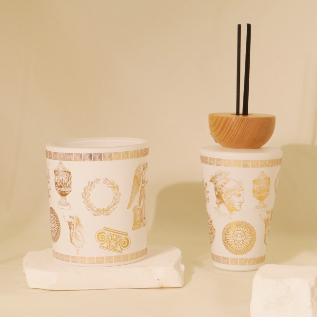 C&H Luxury White Glass Diffuser Set Gold Roman Pattern White Glass Scented Candle Home Scenting