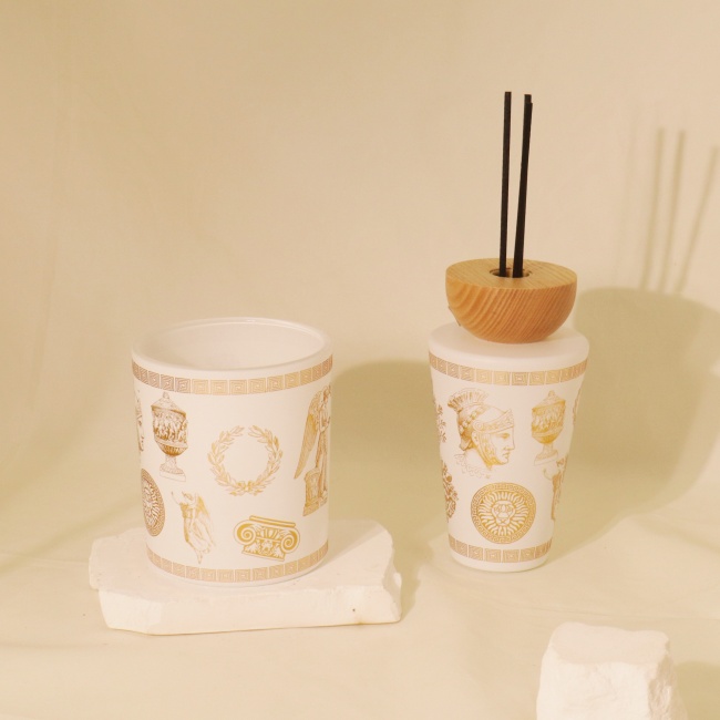 C&H Luxury White Glass Diffuser Set Gold Roman Pattern White Glass Scented Candle Home Scenting