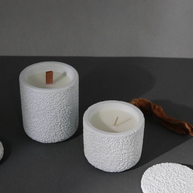 C&H Custom Mold Logo Wood Wick Scented Candle White Air Rough Surface Cement Vessel Candle Container