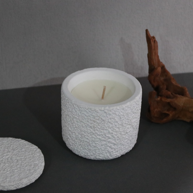C&H Custom Mold Logo Wood Wick Scented Candle White Air Rough Surface Cement Vessel Candle Container