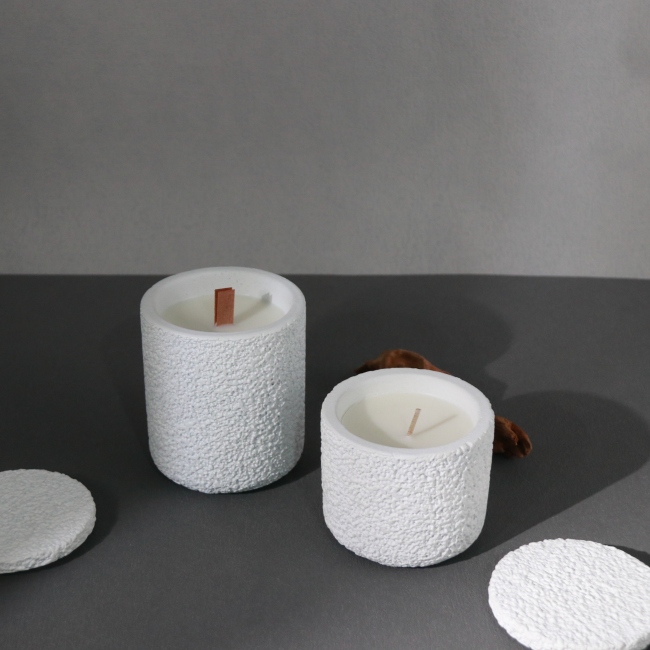 C&H Custom Mold Logo Wood Wick Scented Candle White Air Rough Surface Cement Vessel Candle Container