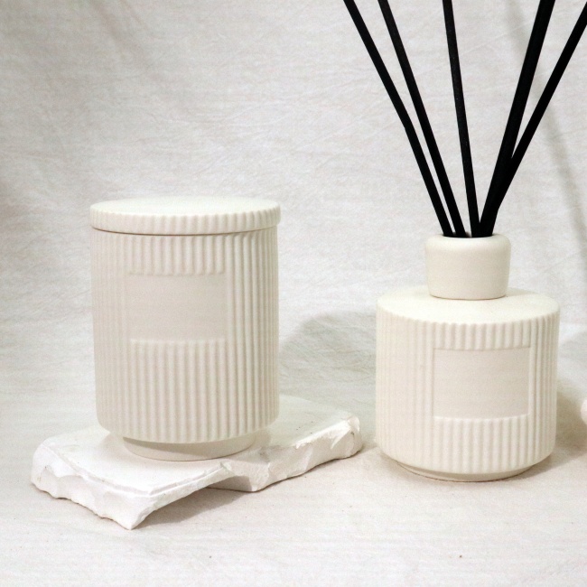 C&H Empty Ceramic Cement Round Reed Diffuser Bottle Scented Candle Jar Room Spray Set With Stopper