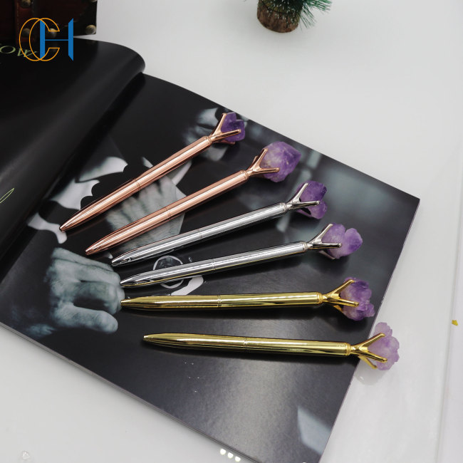C&H Customized Logo Crystal Pens High Quality Crystal Citrine Amethyst Agate Gravel Energy Healing Crystal Pen
