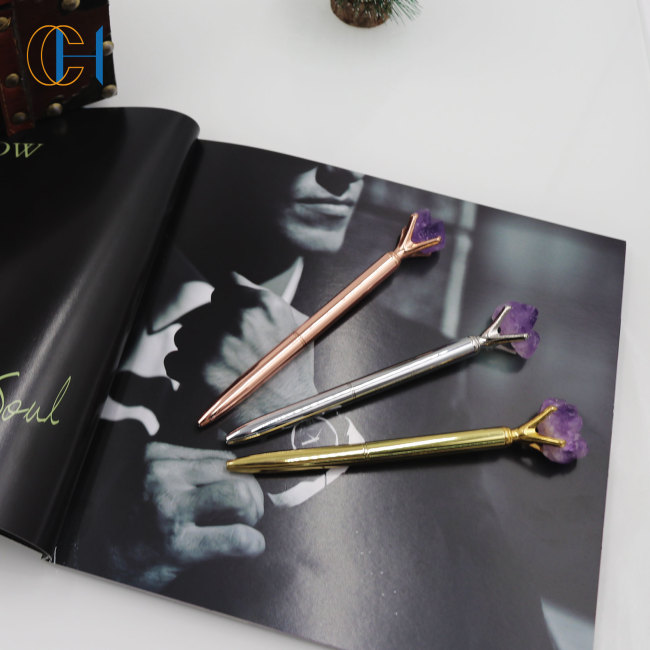 C&H Customized Logo Crystal Pens High Quality Crystal Citrine Amethyst Agate Gravel Energy Healing Crystal Pen