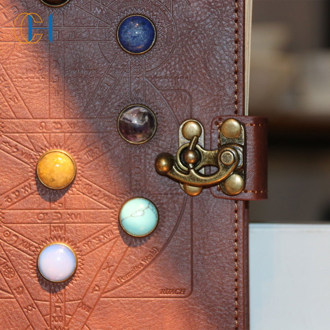 C&H Luxury Eco-friendly A5 Sewing Binding Healing Crystal Stone Leather Notebook Piritual Journal Leather Cover Seven Chakra