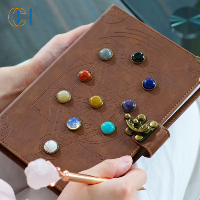 C&H Luxury Eco-friendly A5 Sewing Binding Healing Crystal Stone Leather Notebook Piritual Journal Leather Cover Seven Chakra