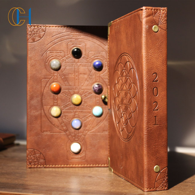 C&H Luxury Eco-friendly A5 Sewing Binding Healing Crystal Stone Leather Notebook Piritual Journal Leather Cover Seven Chakra