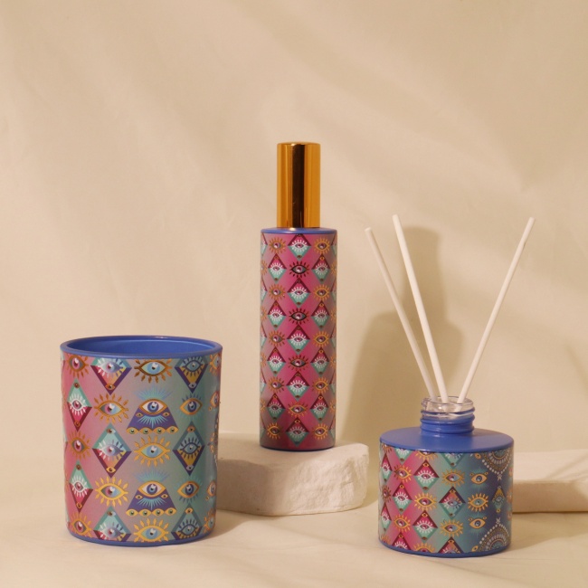 C&H Occultism Glass Candle Diffuser Evil Eye Patterned Reed Diffuser Bottle Home Fragrance Set Diffuser Candle