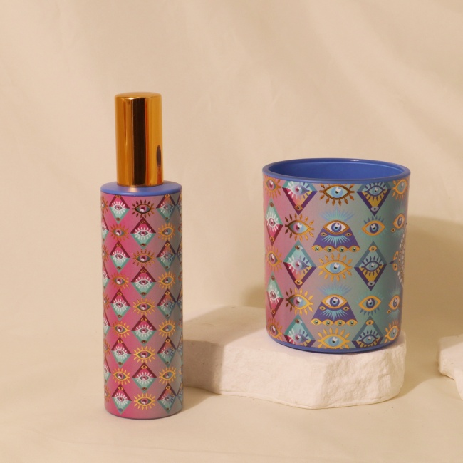 C&H Occultism Glass Candle Diffuser Evil Eye Patterned Reed Diffuser Bottle Home Fragrance Set Diffuser Candle