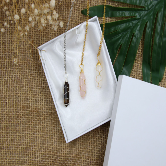 C&H Customized Design Hand-Wrapped Hexagonal Pendant Necklace Natural Stone Crystal Bullet Point Wirework Jewelry