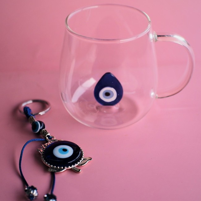 C&H Customized Logo New Hot Selling High Borosilicate Glass Direct Drinking Blue Evil Eye Cup Best Gift Evil Eye Glass Cup