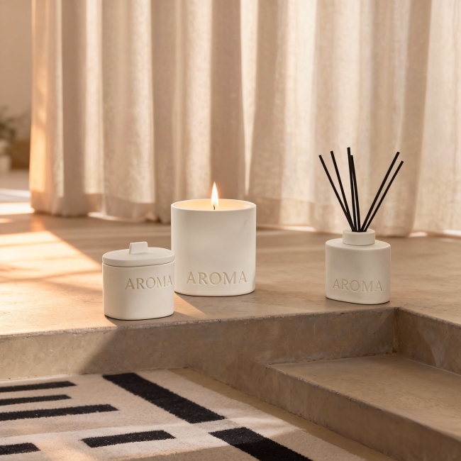 C&H Customized Embossed Logo Scented Soy Wax Candle Jar Ceramic Vertical Grain Candle Reed Diffuser for Home Deco