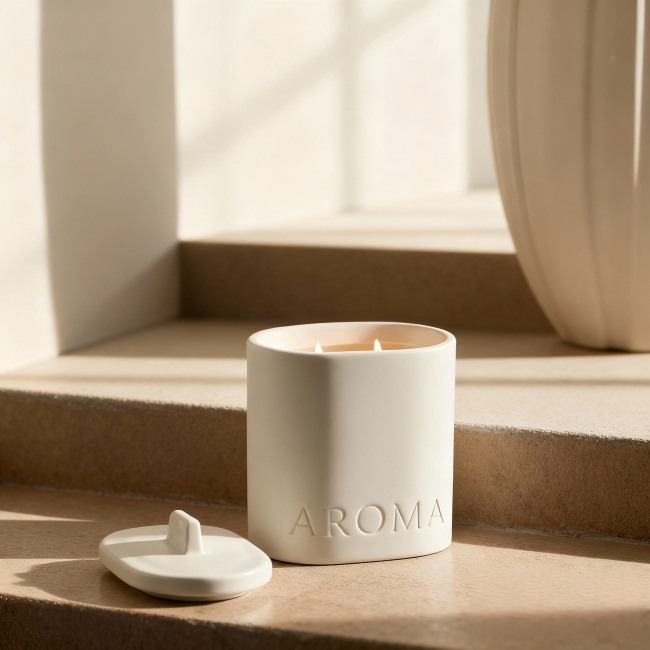 C&H Customized Embossed Logo Scented Soy Wax Candle Jar Ceramic Vertical Grain Candle Reed Diffuser for Home Deco