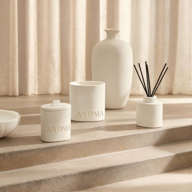 C&H Customized Embossed Logo Scented Soy Wax Candle Jar Ceramic Vertical Grain Candle Reed Diffuser for Home Deco