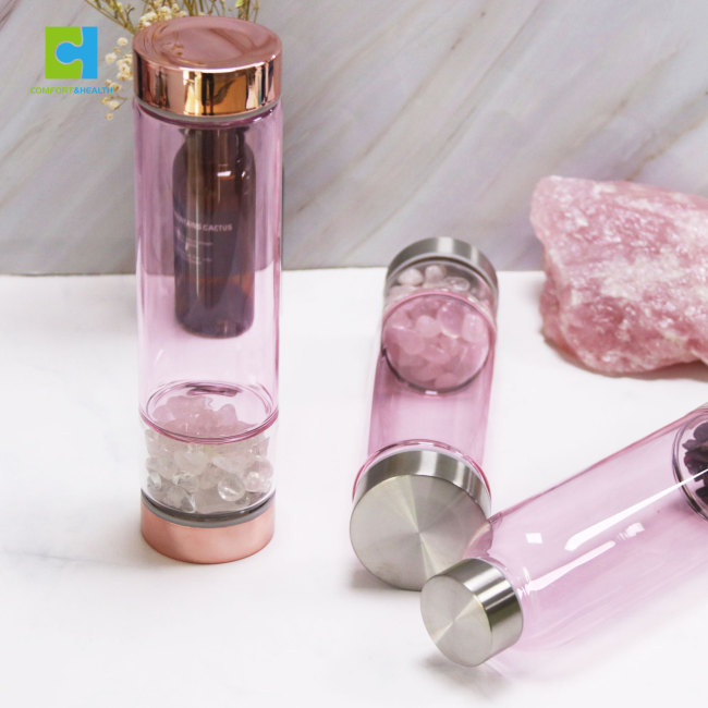 C&H Customized Logo Capacity Crystal Water Bottle Rose Quartz Gemstone Infused Healing Glass Crystal Water Bottle With Lid