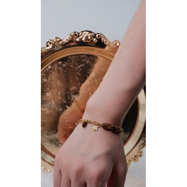 C&H 18k Gold Plated Link Chain Crystal Beaded DIY Pyramid Style Letterpress Printing Double Layered Bracelet